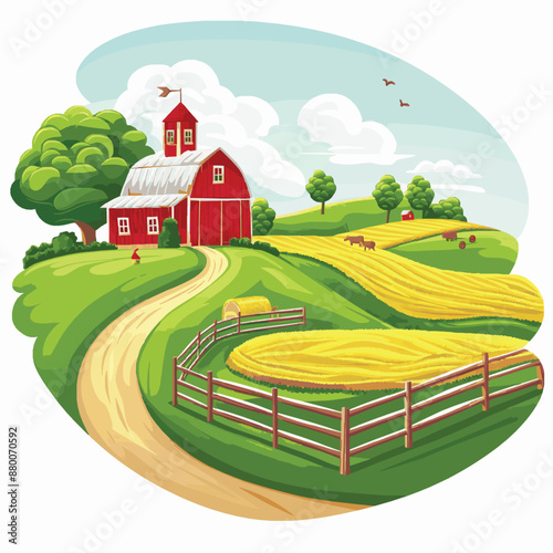 "Pastoral Beauty: Landscape Illustration of a Farm"