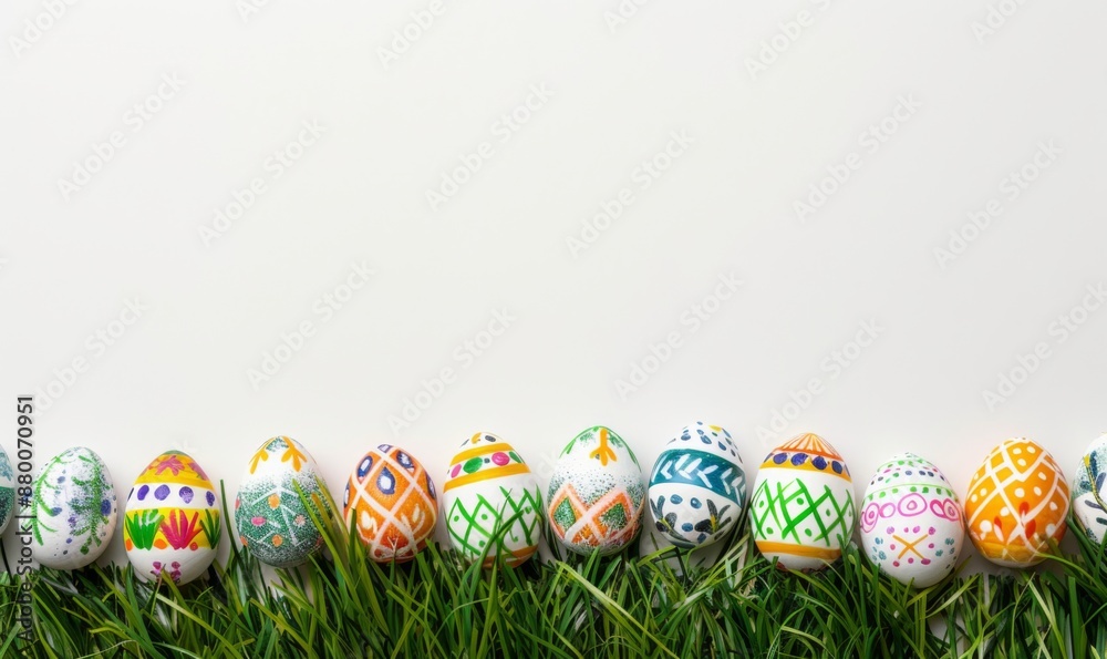 Easter egg border with white background. Easter grass. Panoramic scale. Colorful costumes copy space Easter egg border with white background. Easter grass. Panoramic scale. Colorful costumes copy space