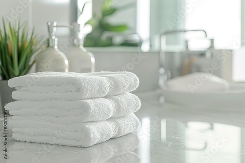 A stack of white towels is on a counter next to a sink