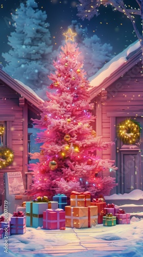 Pink Christmas in Snowy Village © Studios