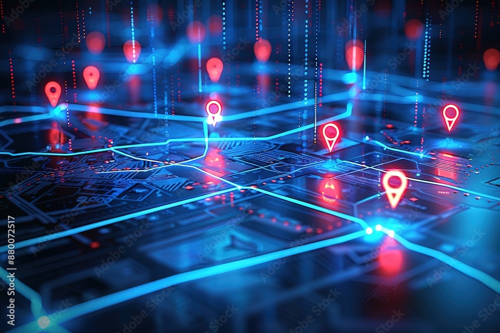 Digital map with location pins glowing in blue and red colors, symbolizing a global network