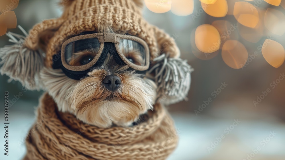 Obraz premium Adorable dog wears a cozy winter knitted outfit with goggles, creating a heartwarming and cute winter scene.