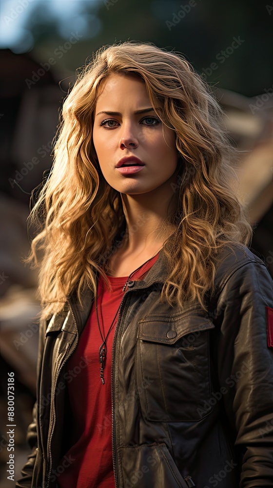 a woman with blonde hair wears a red shirt with a red cross on the front. a woman with blonde hair wears a red shirt with a red cross on the front.