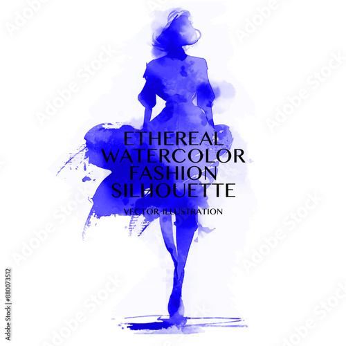 Ethereal Watercolor Fashion Silhouette. Vector illustration of stylish woman walking in blue water color splash, with a flowing dress and hair, in a modern and stylized fashion illustration.