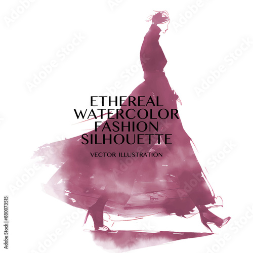 Ethereal Watercolor Fashion Silhouette. Vector illustration of a lady walking, with soft and whimsical aesthetic. The silhouette is stylized with muted maroon tone, creating a dreamy and romantic feel