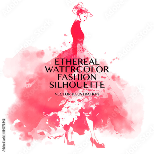 Ethereal Watercolor Fashion Silhouette. Vector illustration of woman in a long, red dress with a flowing skirt. The woman's hair is pulled back in a bun, and she is wearing high heels.