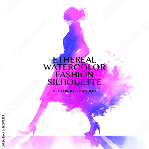 Ethereal Watercolor Fashion Silhouette. Vector illustration of a model in fluffy feather dress walking across a white background. The illustration is a silhouette made using pink and blue watercolor.