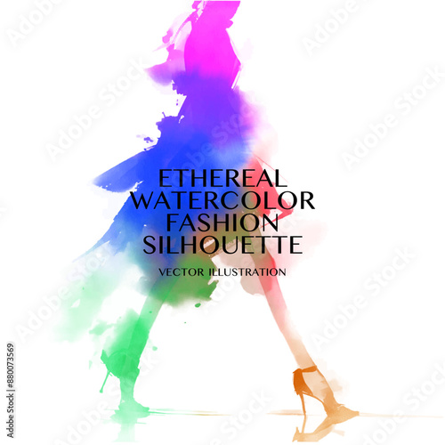 Ethereal Watercolor Fashion Silhouette. Vector illustration of a model walking, painted in shades of pink, purple, blue, green, and orange, on a white background.