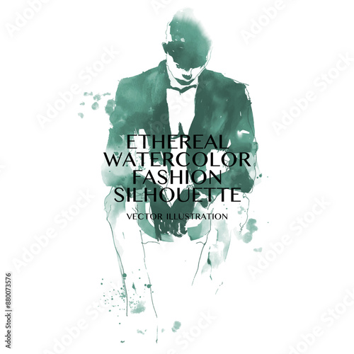Ethereal Watercolor Fashion Silhouette. Vector illustration of a man in suit, rendered in green watercolor style. The man is sitting with his arms crossed on white canvas. Stylized fashionable man.