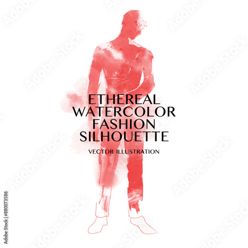 Ethereal Watercolor Fashion Silhouette. Vector illustration of a man's shadow created with red watercolor washes. The man is standing in a relaxed pose isolated against white background.