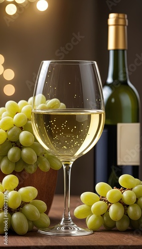 A White Wine Glass With Grapes Background - Portrait photo