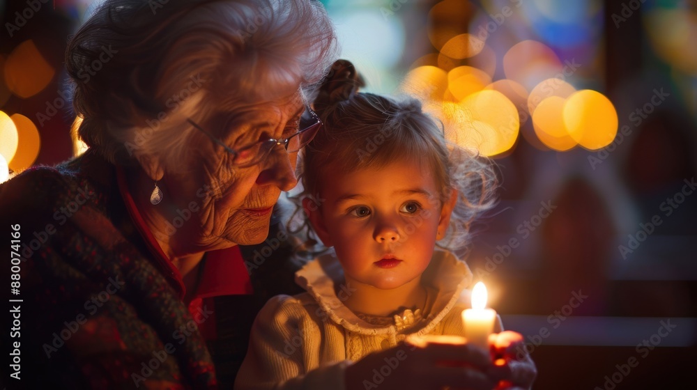 Tender moment between grandmother and granddaughter holding a candle, illuminated by soft candlelight in a warm, intimate setting. Tender moment between grandmother and granddaughter holding a candle, illuminated by soft candlelight in a warm, intimate setting.