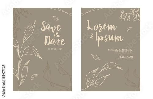 Taupe and cream floral wedding invitation card template. Rustic botanical save the date wedding invitation