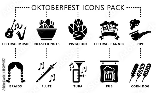 Oktoberfest glyph icons pack, includes traditional Bavarian elements like beer barrels, bratwurst, accordions, beer tents, Pretzels, lederhosen, dirndls and more. vector EPS 10.