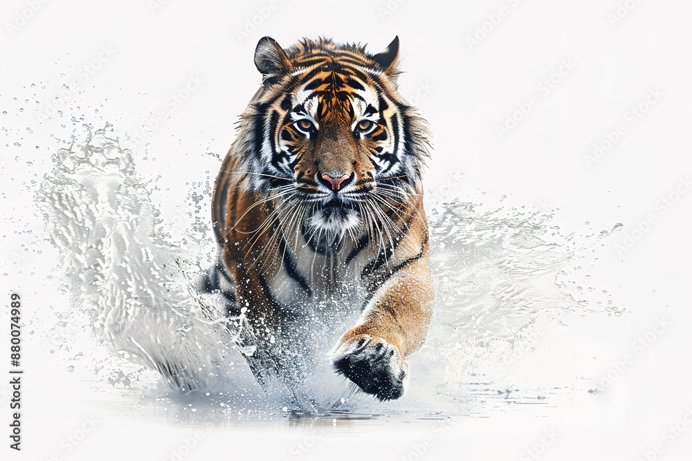 Fototapeta premium A tiger is running through a stream of water