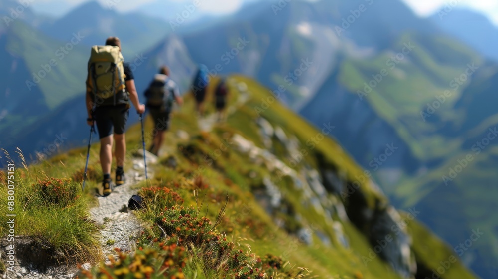 Group of hikers on a scenic mountain trail during summer, enjoying nature and adventure in the great outdoors.