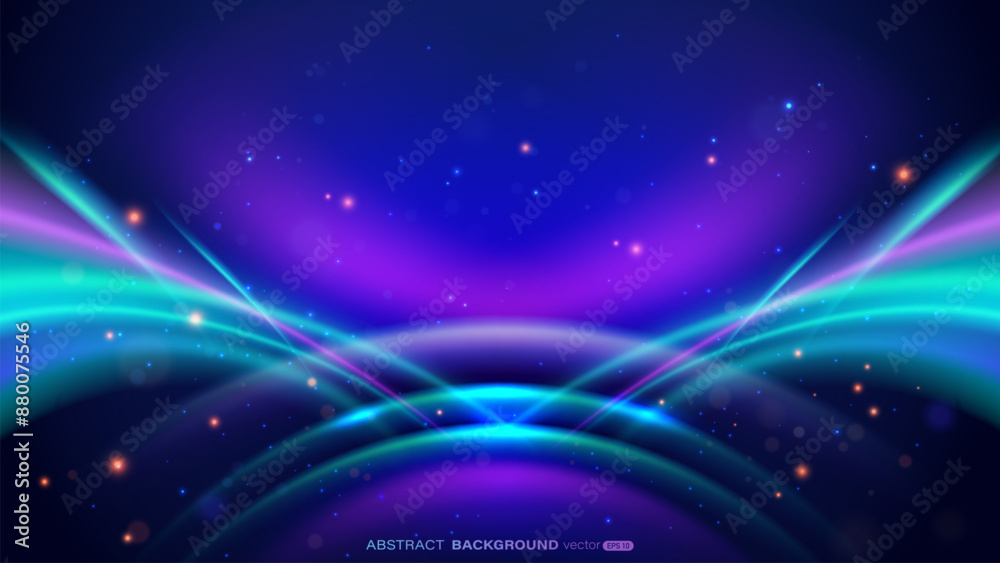 Blue and pink light waves, and shiny dot effect on dark background Blue and pink light waves, and shiny dot effect on dark background