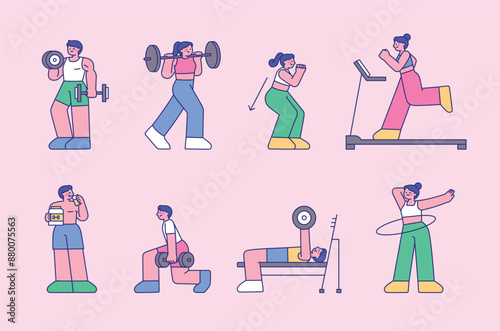 People are exercising at the gym. Outlined people illustration.
