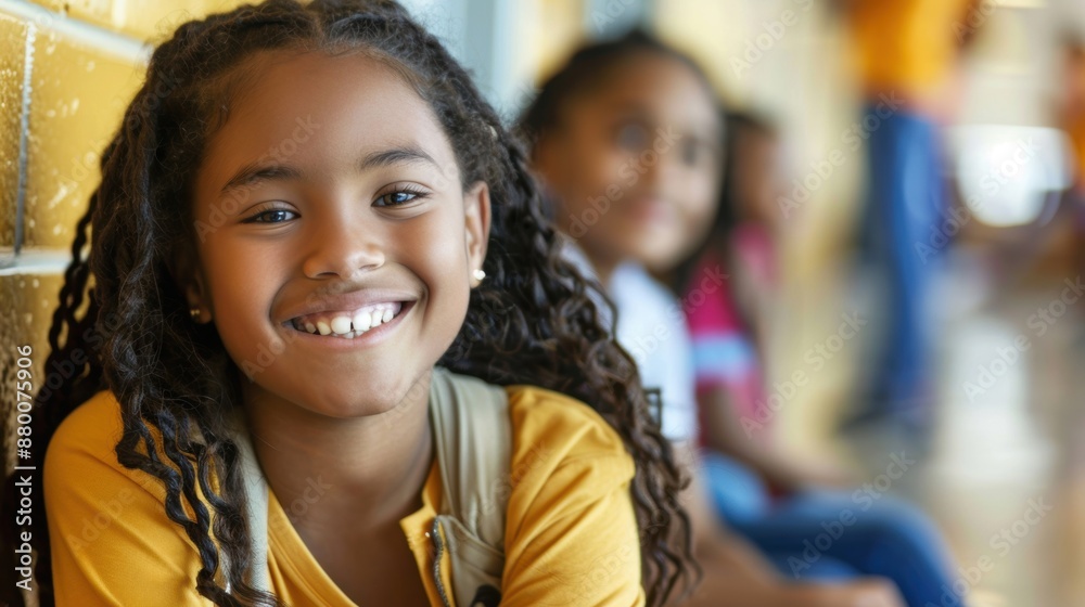 A cheerful girl with a bright smile sits in a school hallway, surrounded by friends, creating a happy and friendly atmosphere. A cheerful girl with a bright smile sits in a school hallway, surrounded by friends, creating a happy and friendly atmosphere.
