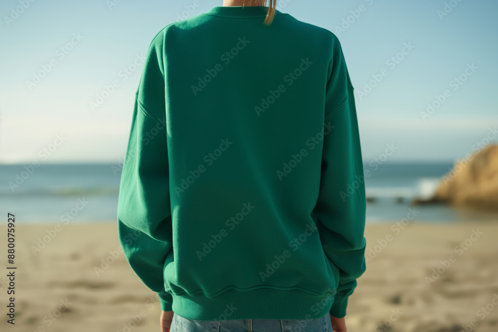 Back view of a woman wearing sweatshirt outdoors, mockup clothing concept.