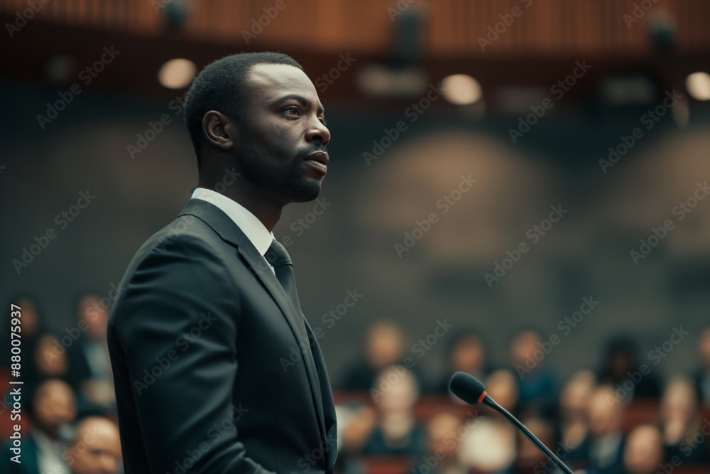 African American man speaking at podium with copy space