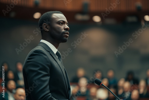 Obraz na płótnie African American man speaking at podium with copy space w salonie