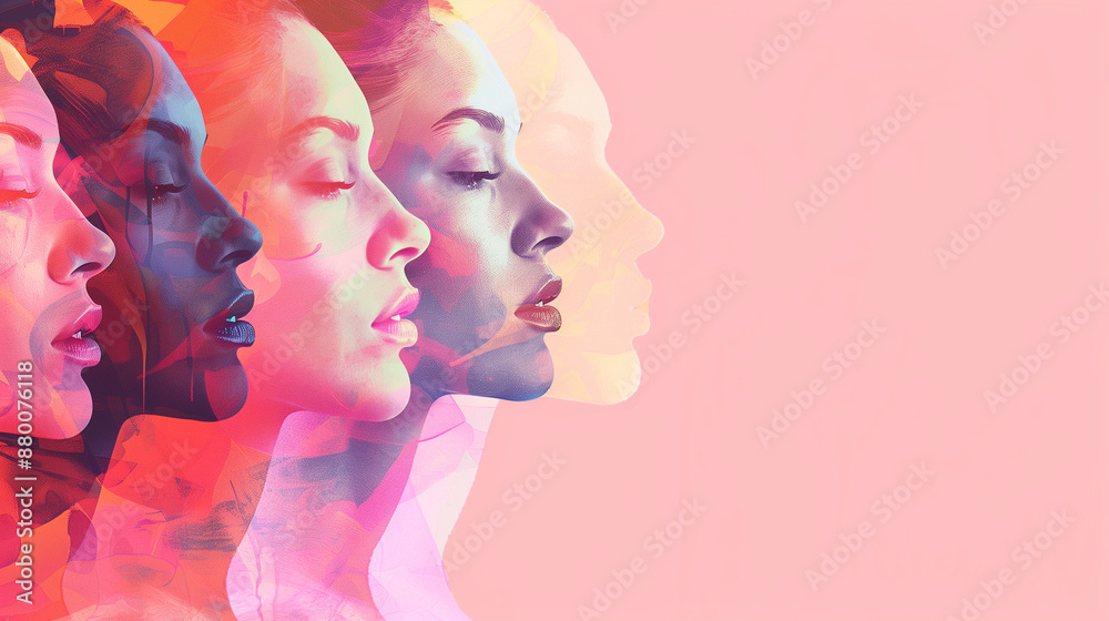 Women's day celebration banner, 8 march, multiple women faces graphic illustration,on pastel pink background, aquarellist, double exposure, pop art color palette, luminous shadows, vintage-inspired. Women's day celebration banner, 8 march, multiple women faces graphic illustration,on pastel pink background, aquarellist, double exposure, pop art color palette, luminous shadows, vintage-inspired.