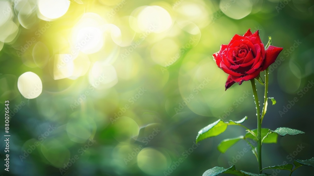 Fototapeta premium Close-up of a red rose with morning dew, illuminated by sunlight, against a blurred green background, symbolizing beauty and freshness.