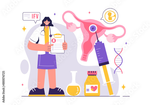 IVF or In Vitro Fertilization Vector Illustration for Artificial Insemination, Focusing on Pregnancy and Doctors' Research of Fertilized Eggs