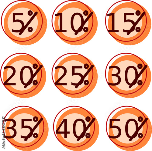 Sale tag discount set. 5. 10.15. 20. 25. 30. 35. 40. 50. percent price. sticker badge discount price. Yellow, orange and red.
