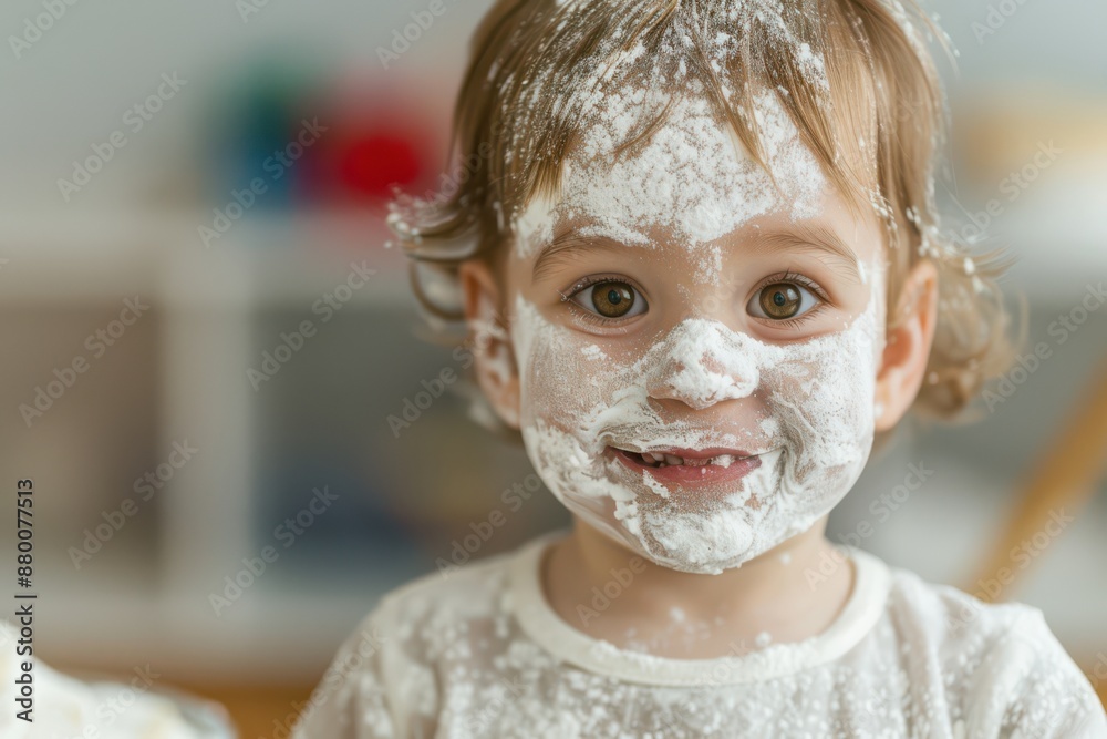 Adorable toddler covered in flour, smiling and having fun in a messy baking activity in a cozy home environment. Adorable toddler covered in flour, smiling and having fun in a messy baking activity in a cozy home environment.