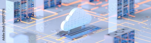 Futuristic cloud computing infrastructure with digital nodes and data servers. Concept of internet technology and virtual storage.