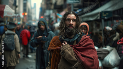 A photorealistic depiction of a modern-day Jesus, helping the underprivileged in a bustling city.  © Kanchanit