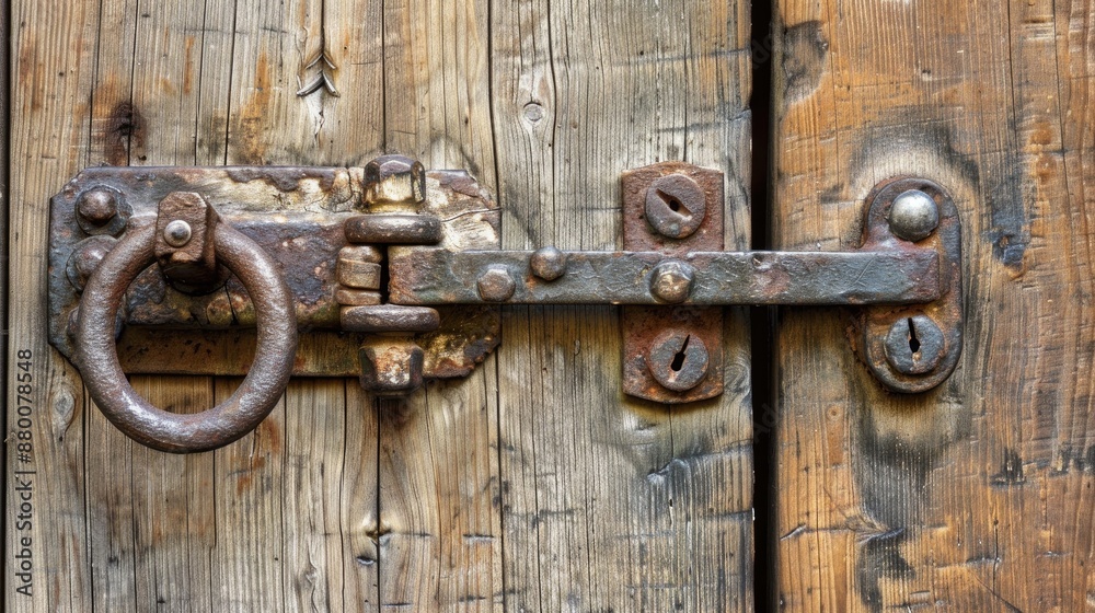 Old door latch and hook in close up on wooden door with empty area