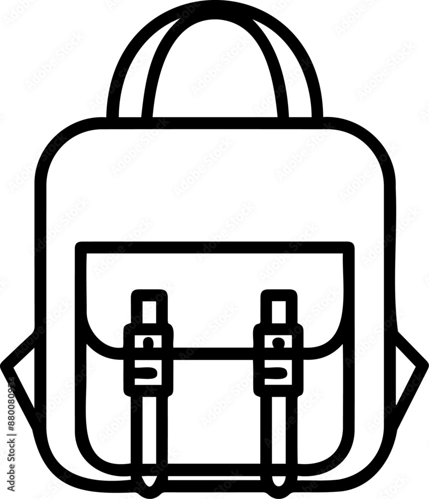 A basic line art illustration of a backpack with two adjustable shoulder straps and a handle on top. The backpack has a zipper closure. A basic line art illustration of a backpack with two adjustable shoulder straps and a handle on top. The backpack has a zipper closure.