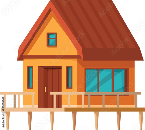 Bungalow with wooden terrace standing on stilts over water surface, tropical architecture for vacation or travel concept