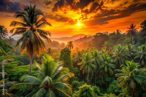 Vibrant orange hues illuminate the dense jungle foliage as the sun dips below the horizon, casting a warm glow on the lush tropical landscape. © Adisorn