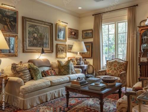 Warm living room with vintage furniture  framed artwork  and stylish lamps