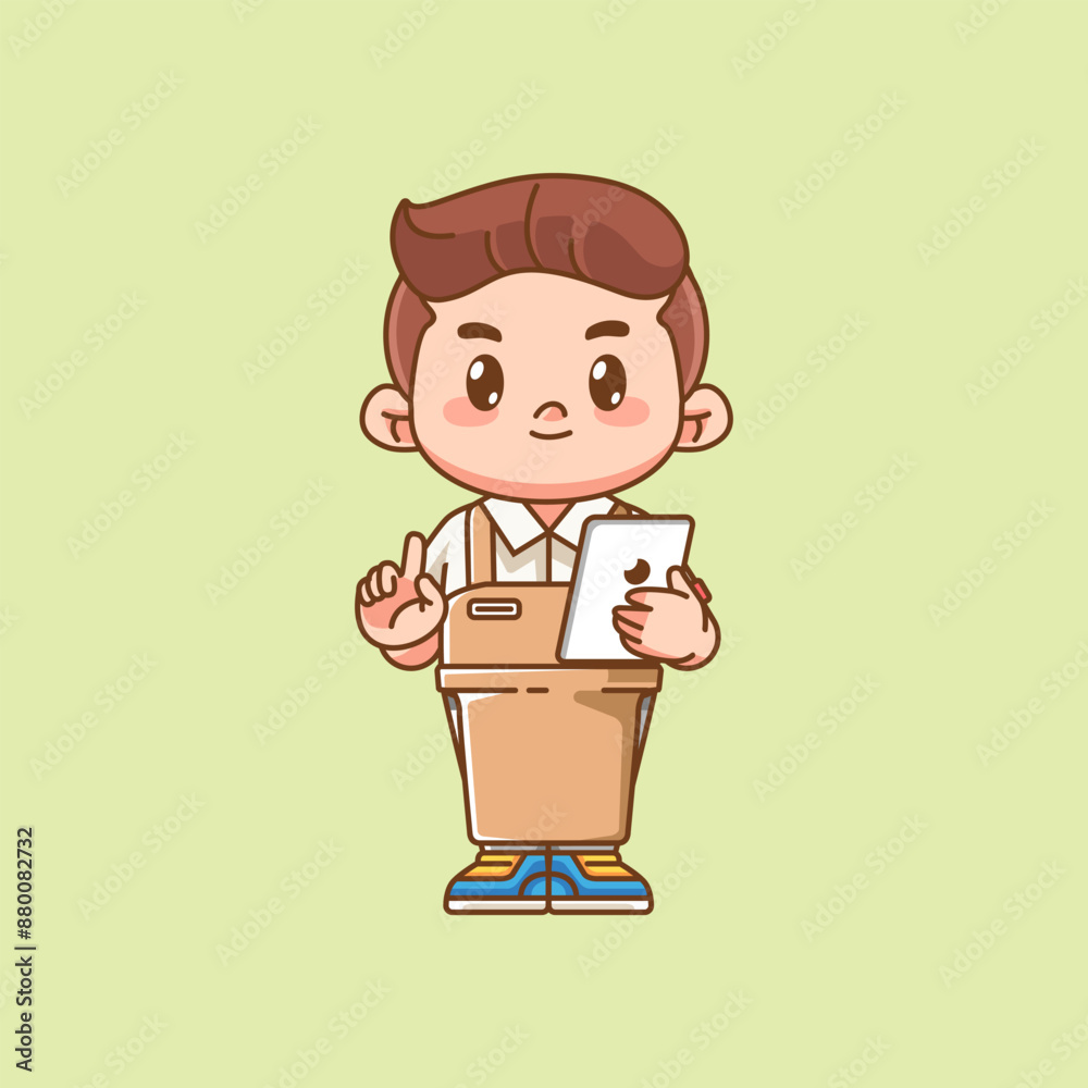 Cute waiter take order on tablet kawaii chibi character mascot illustration outline style design Cute waiter take order on tablet kawaii chibi character mascot illustration outline style design