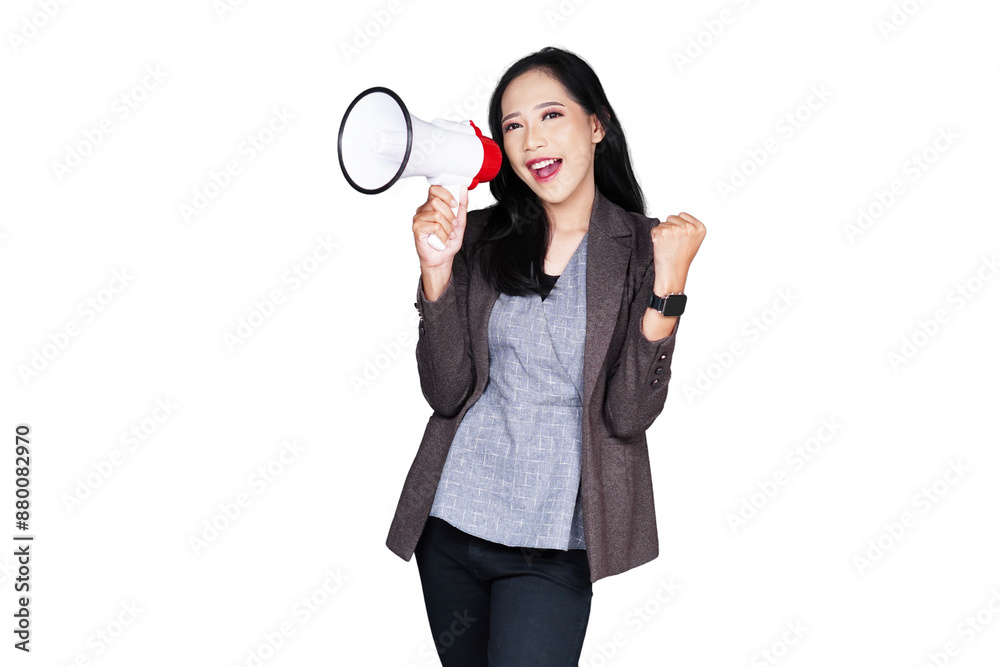 Woman in formal outfit using megaphone isolated transparent Woman in formal outfit using megaphone isolated transparent