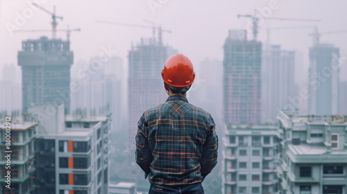 Portrait of a construction worker man with safety helmet letting see city buildings under construction on white background with copy space