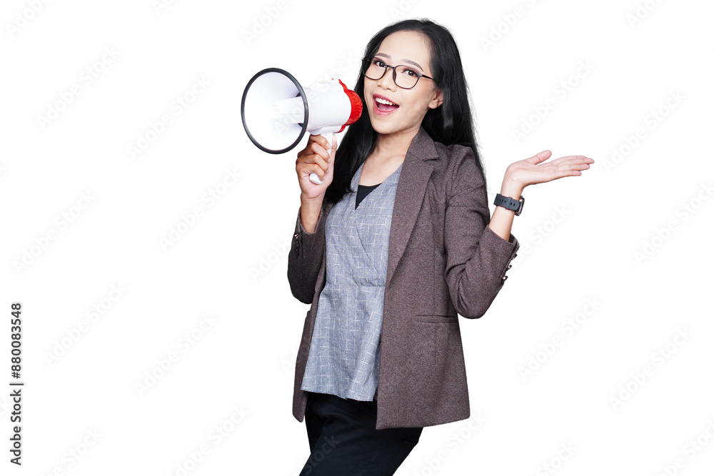 Woman in formal outfit using megaphone isolated transparent Woman in formal outfit using megaphone isolated transparent