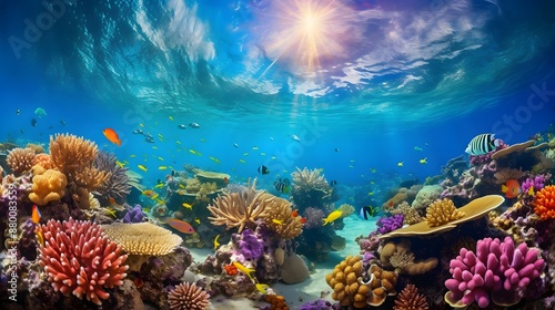 Beautiful underwater world with corals and tropical fish. Panorama © Iman