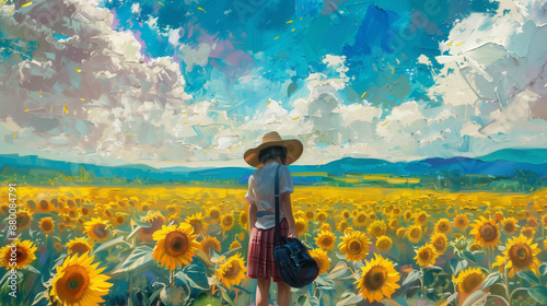 ひまわり畑にいる若い女性