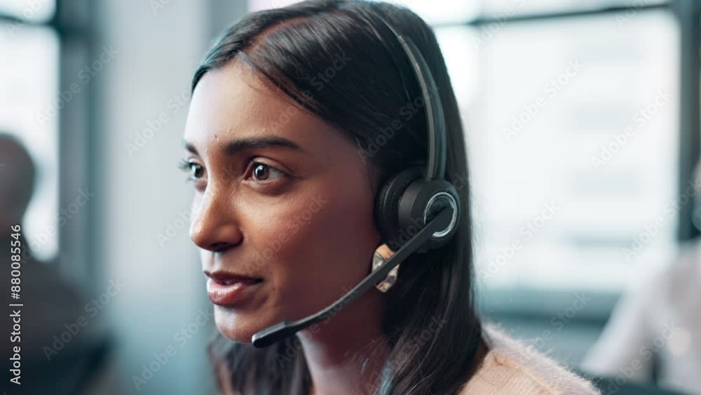 Call center, woman and headset with communication in office for crm support, assistance or advice. Smile, consulting and person with tech in discussion for b2c help, customer service or telemarketing Call center, woman and headset with communication in office for crm support, assistance or advice. Smile, consulting and person with tech in discussion for b2c help, customer service or telemarketing