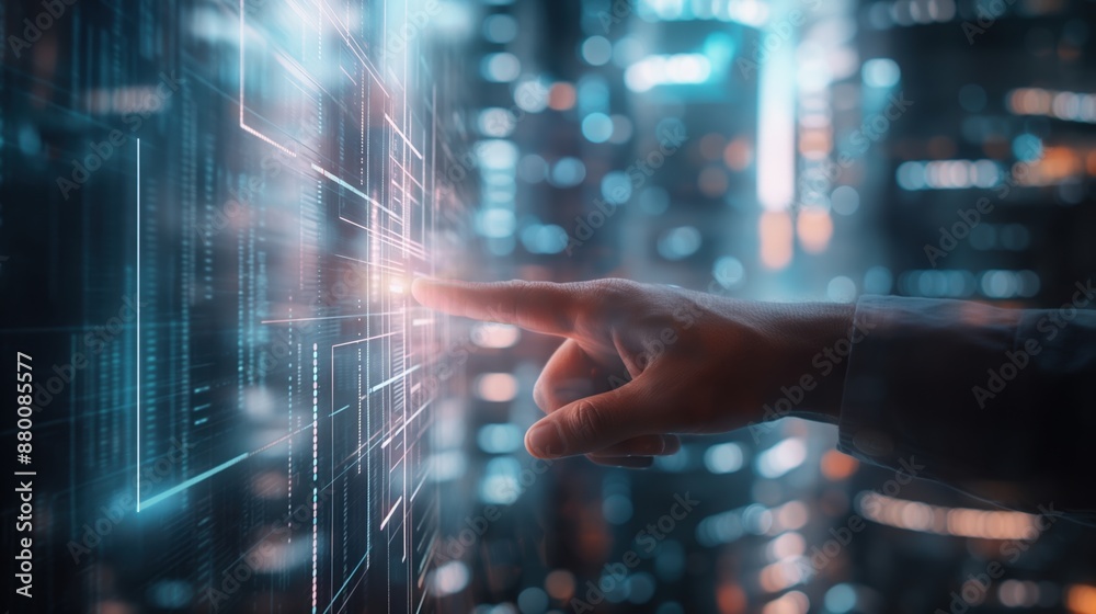Hand Pointing at Digital Virtual Reality Modern Commercial Building Hologram Hand Pointing at Digital Virtual Reality Modern Commercial Building Hologram