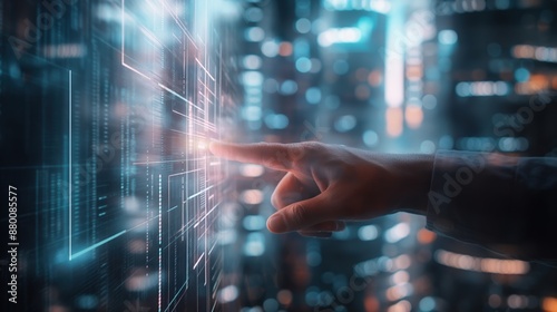Hand Pointing at Digital Virtual Reality Modern Commercial Building Hologram