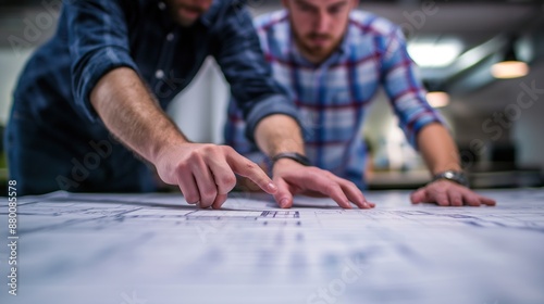 Engineers Collaboratively Pointing to Building on Blueprint