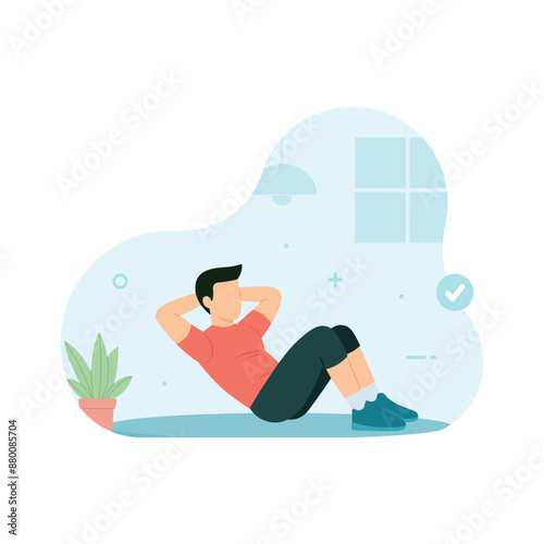 Man doing sit up exercise in gym. Workout and exercise concept flat vector illustration