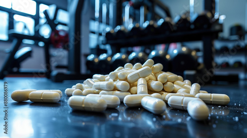 Macro Shot of Branched-Chain Amino Acid Capsules at Fitness Center, Healthy Lifestyle photo